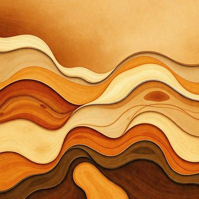 The primary subject of the image is a wooden panel with a variety of colors and patterns. The setting is a wooden wall, and the visual style appears to be a combination of a photo and a drawing. The dominant colors are brown and orange, creating a warm and natural atmosphere. The panel features a mix of textures and patterns, giving it a unique and artistic appearance.